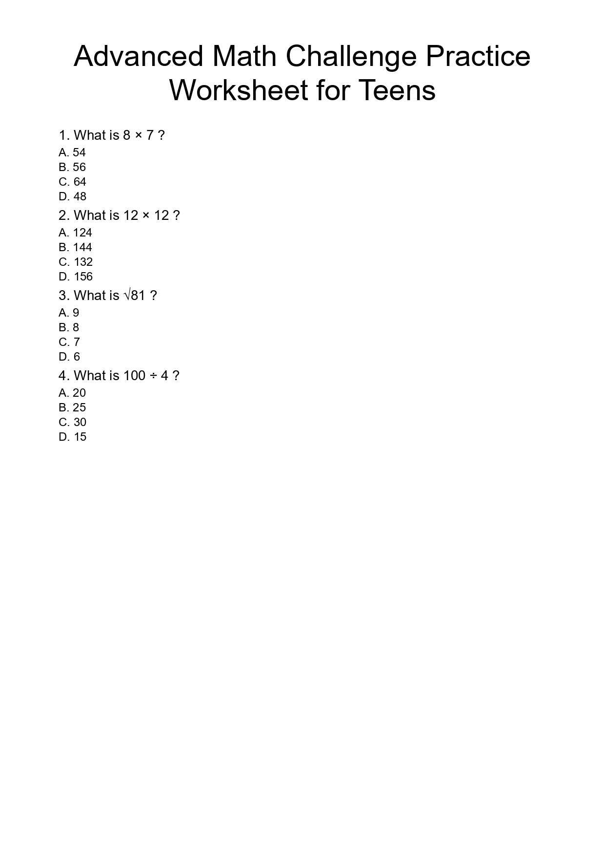 Advanced Math Challenge Practice Worksheet for Teens - skylandgamearena