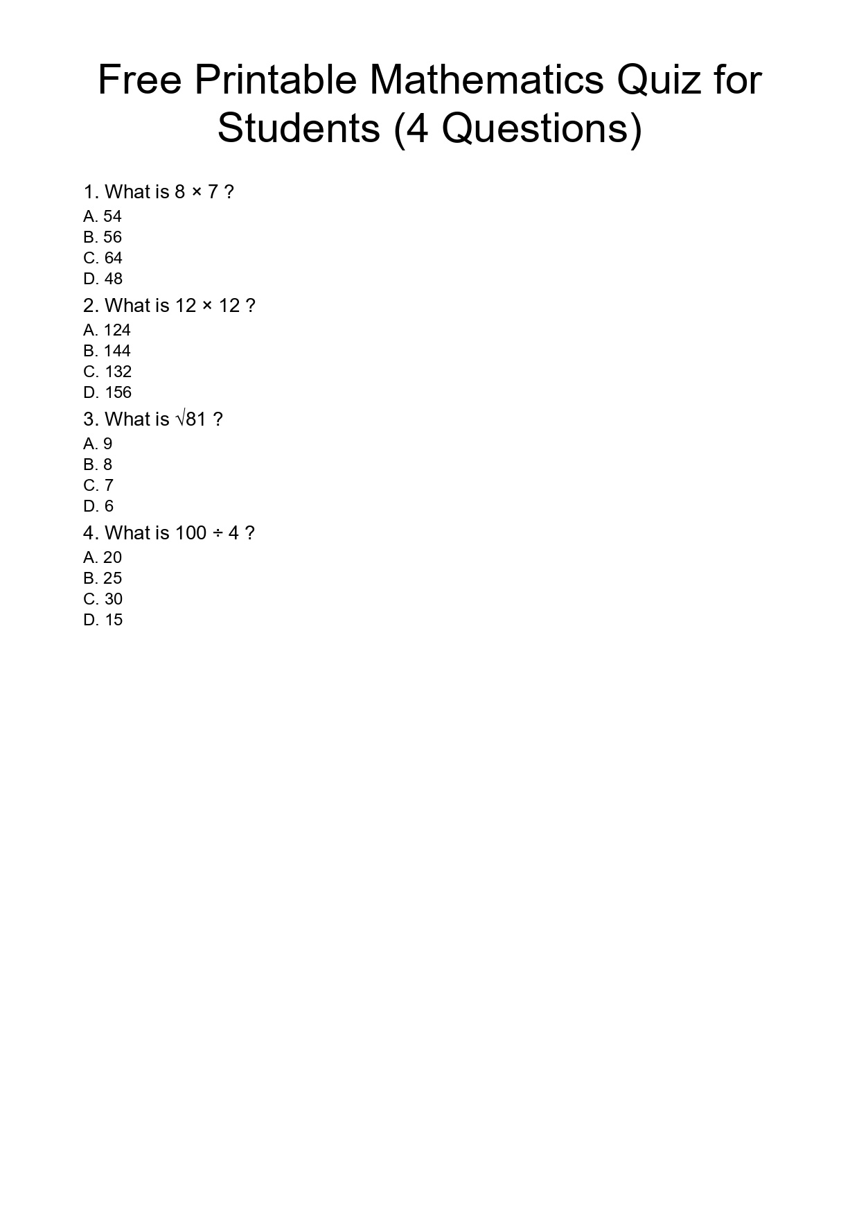Free Printable Mathematics Quiz for Students (4 Questions ...